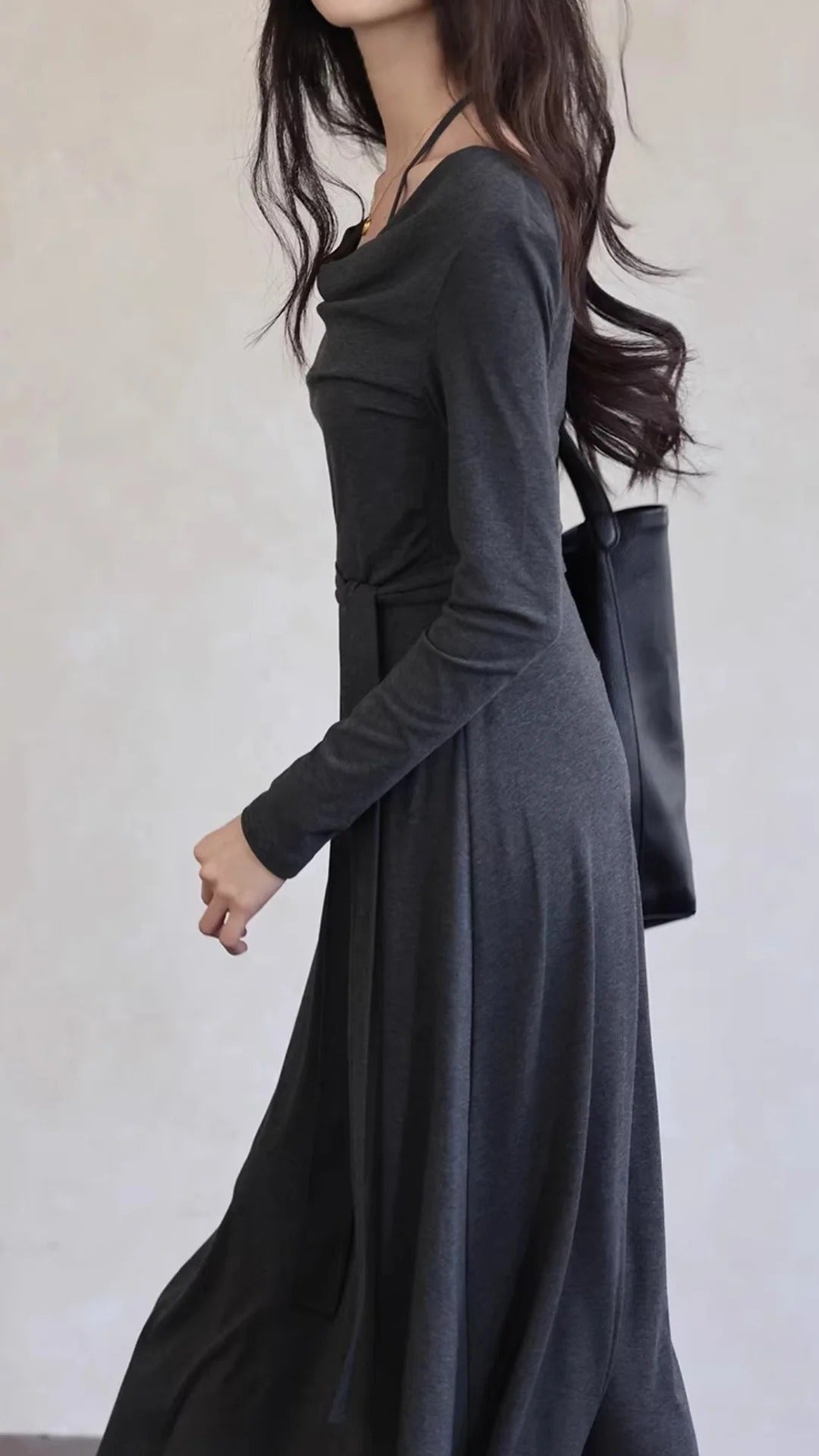 Dark Gray Cowl Neck Long Sleeve Ruched Belted Maxi Dresses Summer