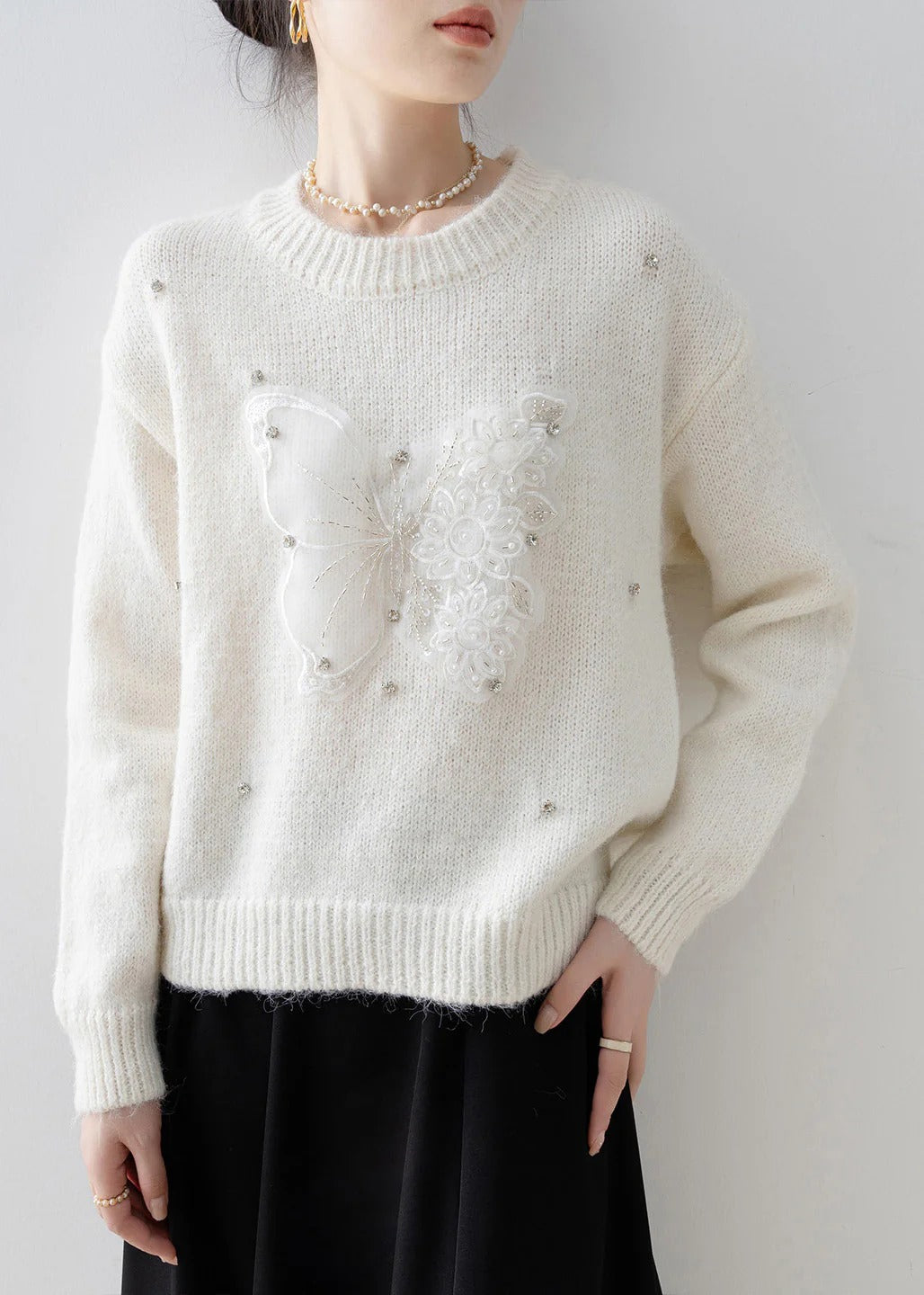 Women White O Neck Butterfly Zircon Knit Sweater Tops Spring