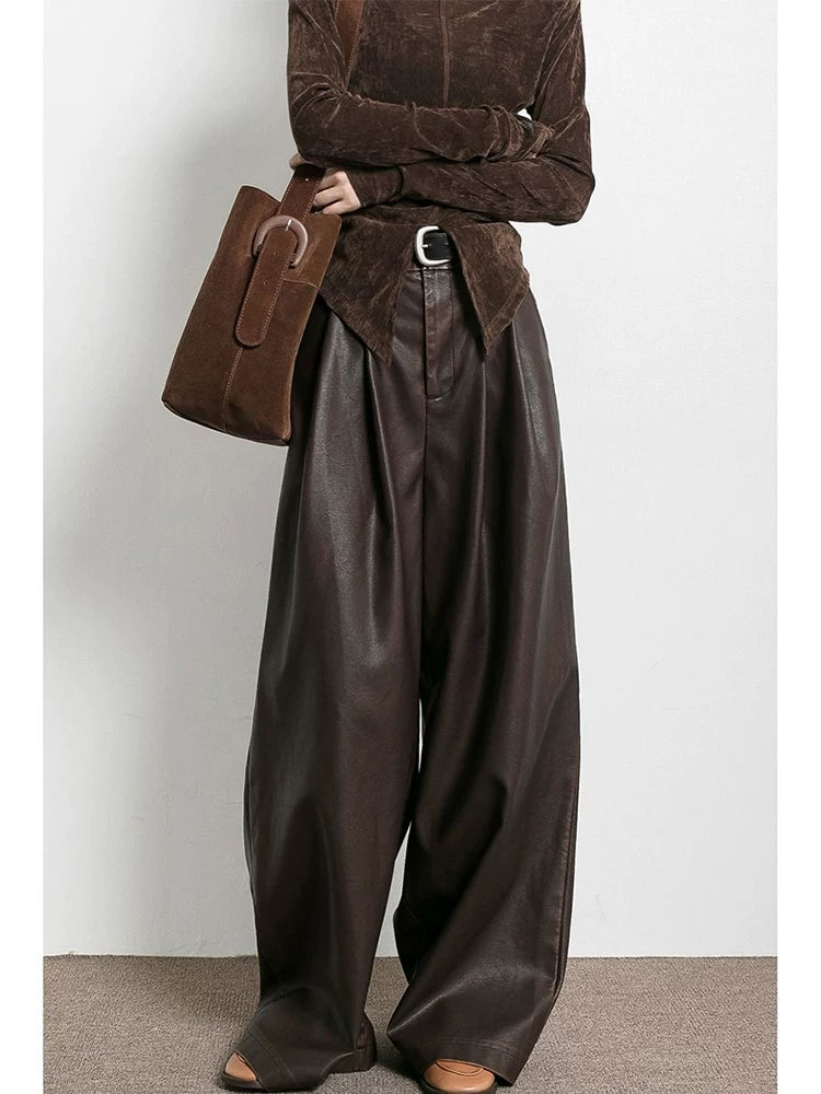 Women's Vintage Maillard Brown Pleated Wide-Leg Casual Pants