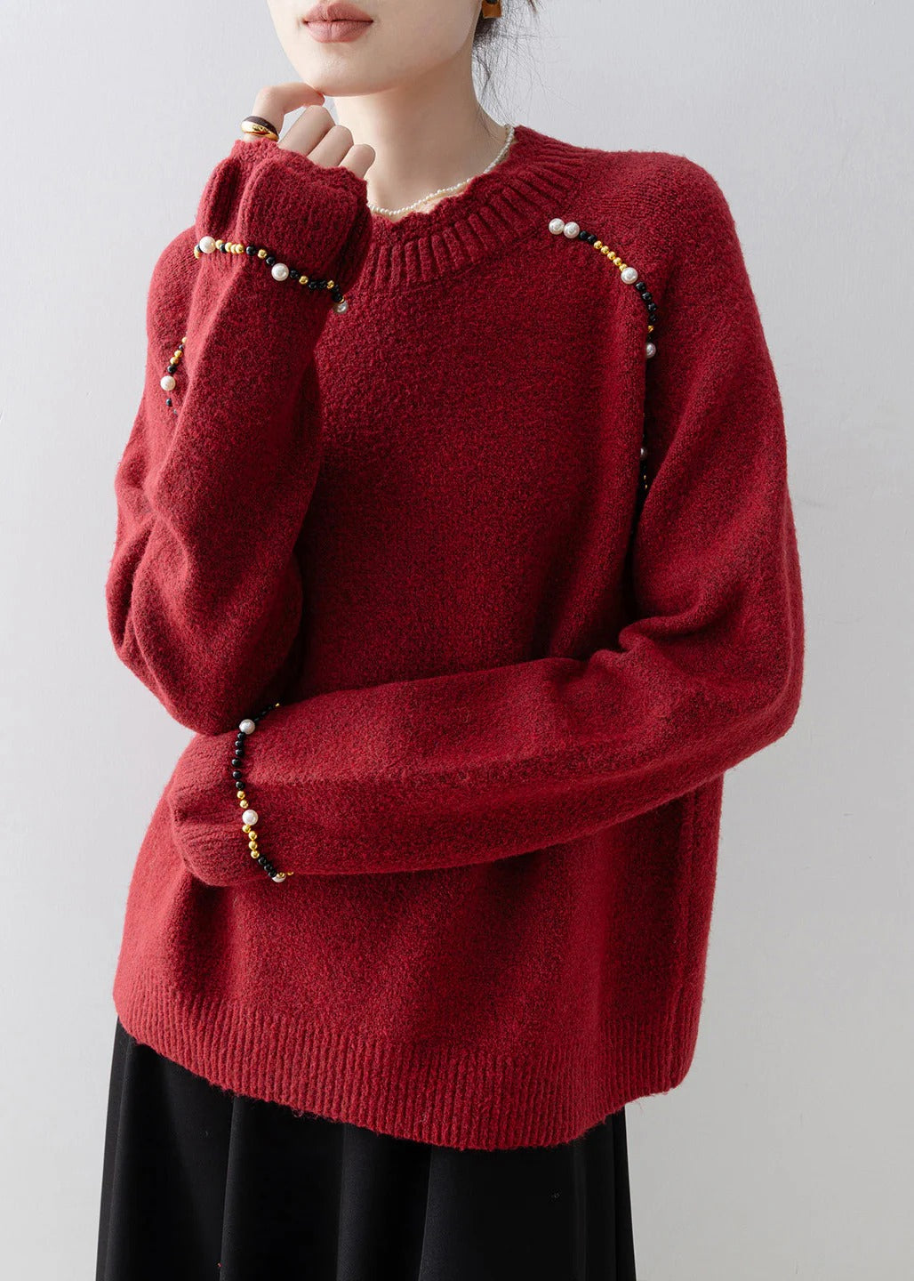 Plus Size Red O Neck Nail Bead Knit Sweater Spring