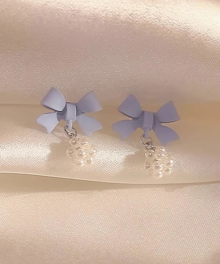 New Blue Baking Paint Bow Pearl Ball Stud Earrings
