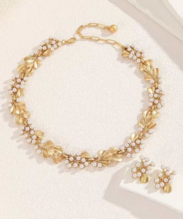 Handmade Pearl Metal Ginkgo Leaf Hollow Necklace Earring Set