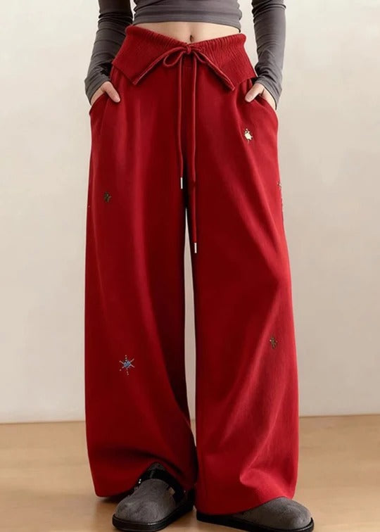 DIY Red Embroidered Tie Waist Cotton Straight Pants Spring