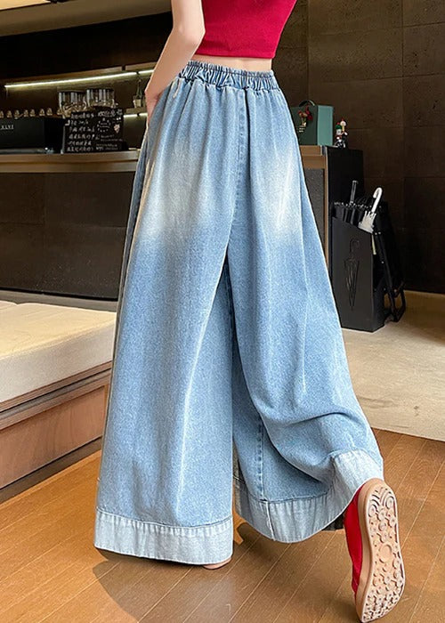 Loose Blue Pockets Elastic Waist Denim Wide Leg Pants Fall