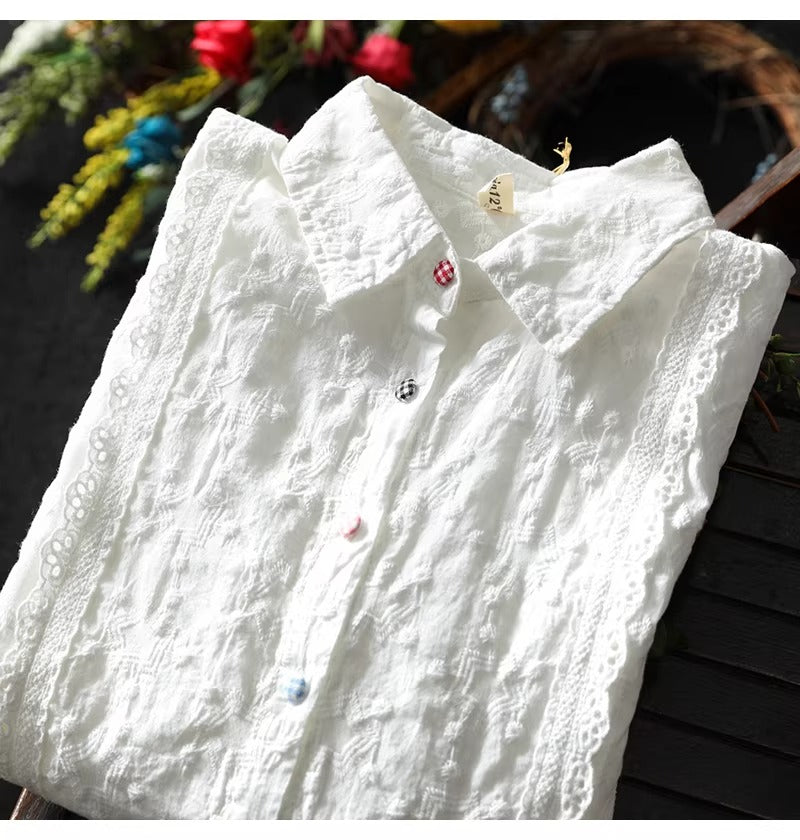 Lace Crochet Embroidery Pure Cotton White Shirt Long Sleeve