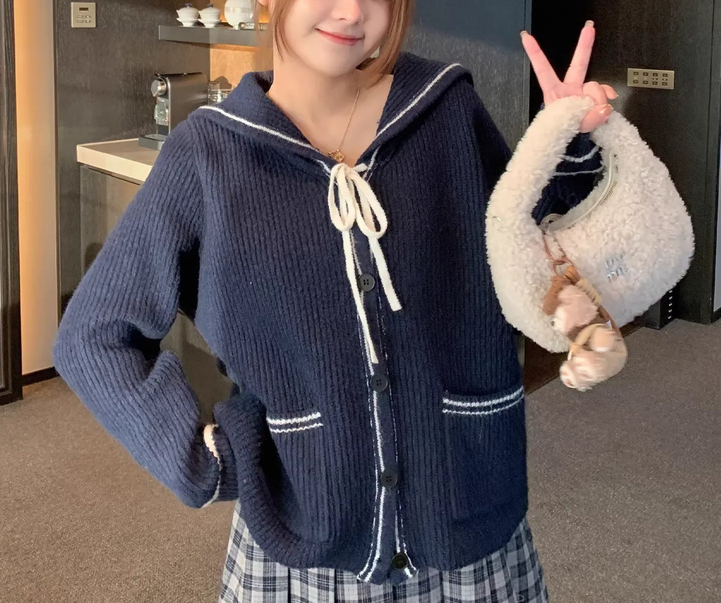 Plus Size Sailor Collar Bow Tie Knit Cardigan