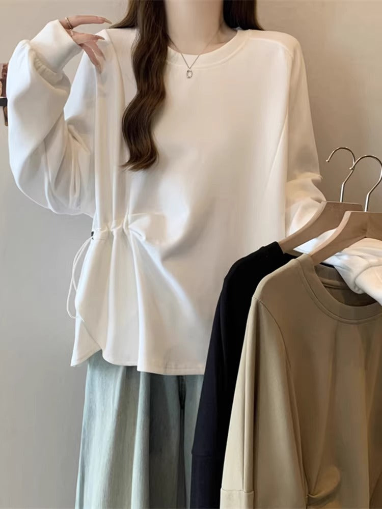 Plus Size Solid Color Ruched Tie Front T-shirt, Loose Tummy Hide Top