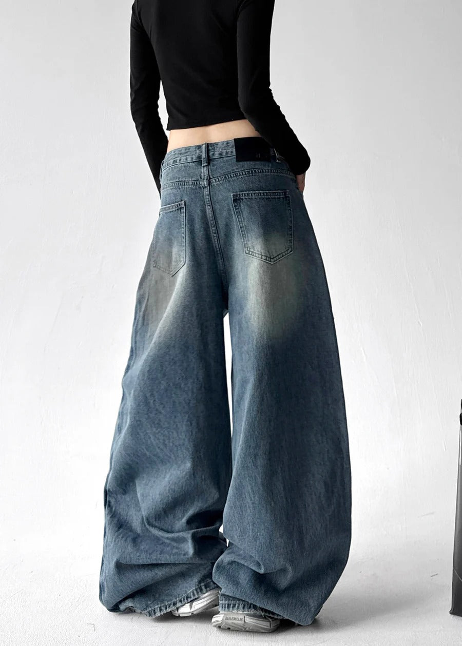 Fine Blue Oversized Rivet Denim Wide Leg Pants Fall