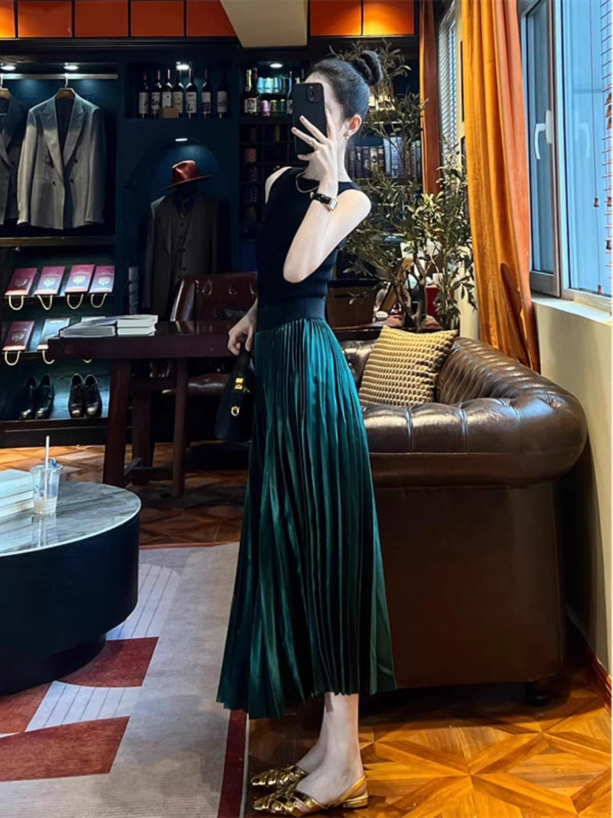 Vintage Peacock Green Exra Large Hem Draping Silk Velvet Pleated Skirt Spring