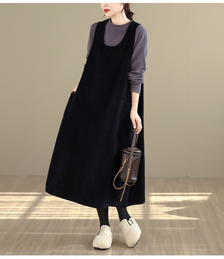 Women's Plus Size Corduroy Maxi Dress Loose Winter 2026 Korean Style