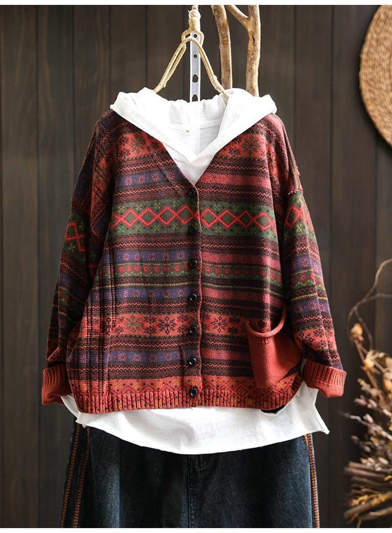 Retro Printed Knit Cardigan Loose V-Neck Long Sleeve Open Front Top