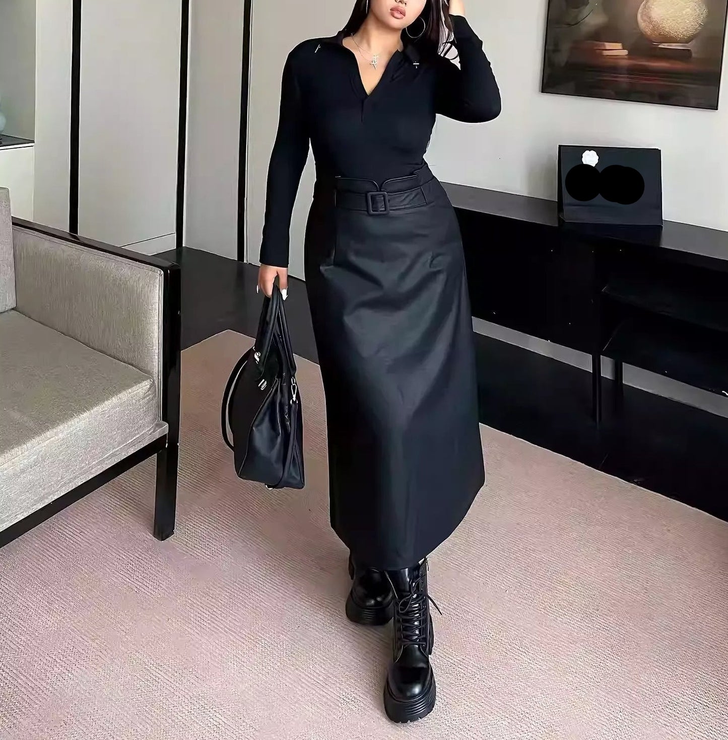 Plus Size High Waist Slim Bodycon Black Leather Skirt