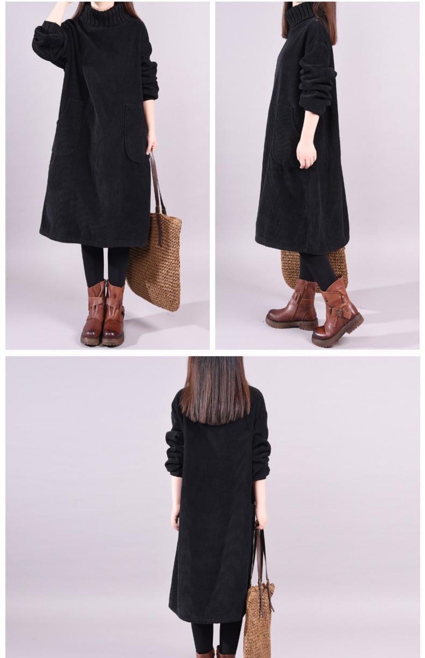 Women's Corduroy Midi Dress High Neck Big Pockets Fleece Lined Thickened