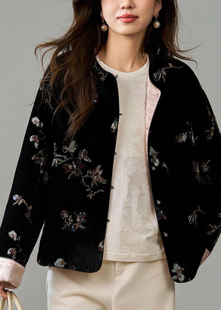Art Black Embroidered Sequins Fine Cotton Filled Silk Velvet Jacket Winter