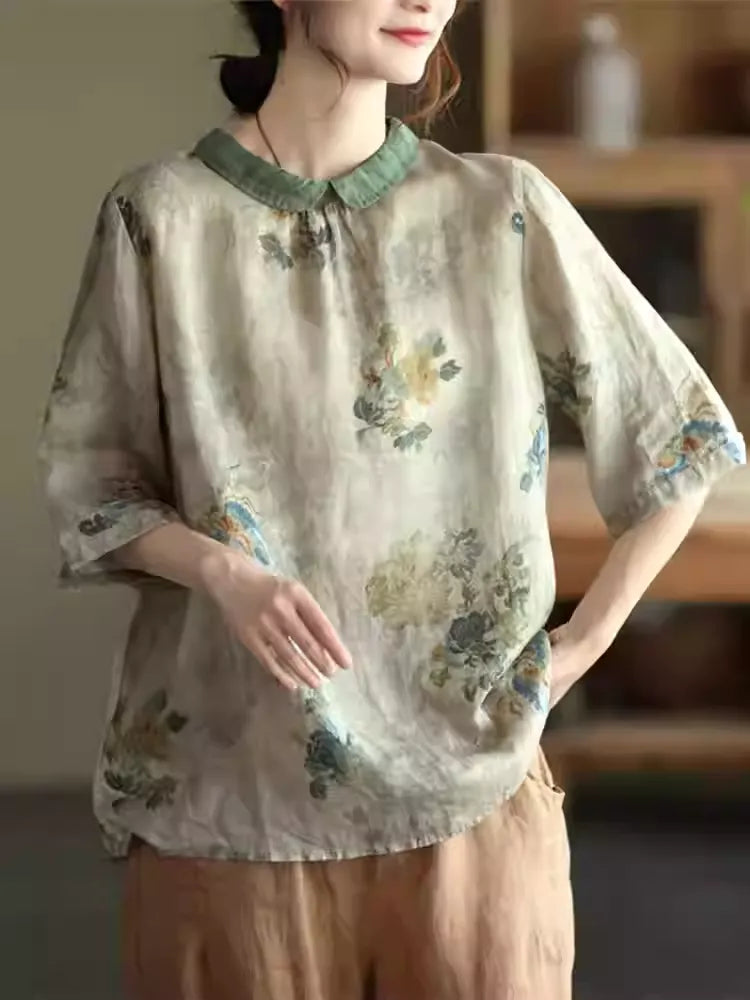 Ditsy Floral Ramie Cotton Linen Short Sleeve Casual Shirt