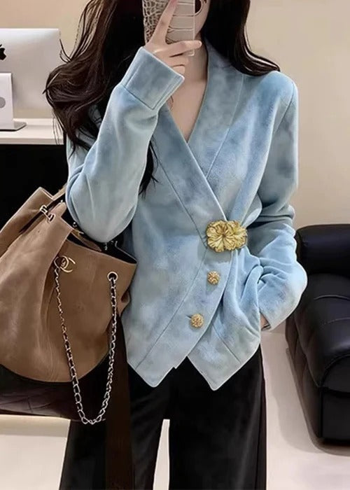 Stylish Blue V Neck Button Faux Suede Coats Spring