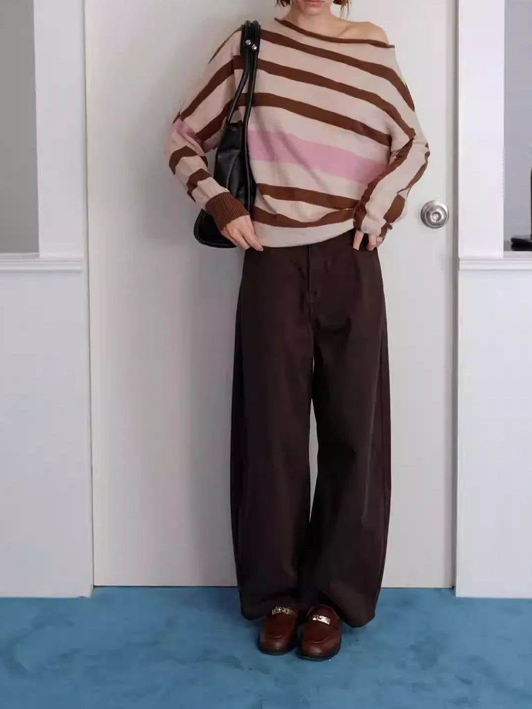 Cream Brown Blush Color Block Off Shoulder Sweater