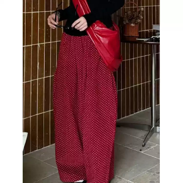 Retro Angola Red Polka Dot Corduroy Pants, Women's Versatile Wide Leg Trousers