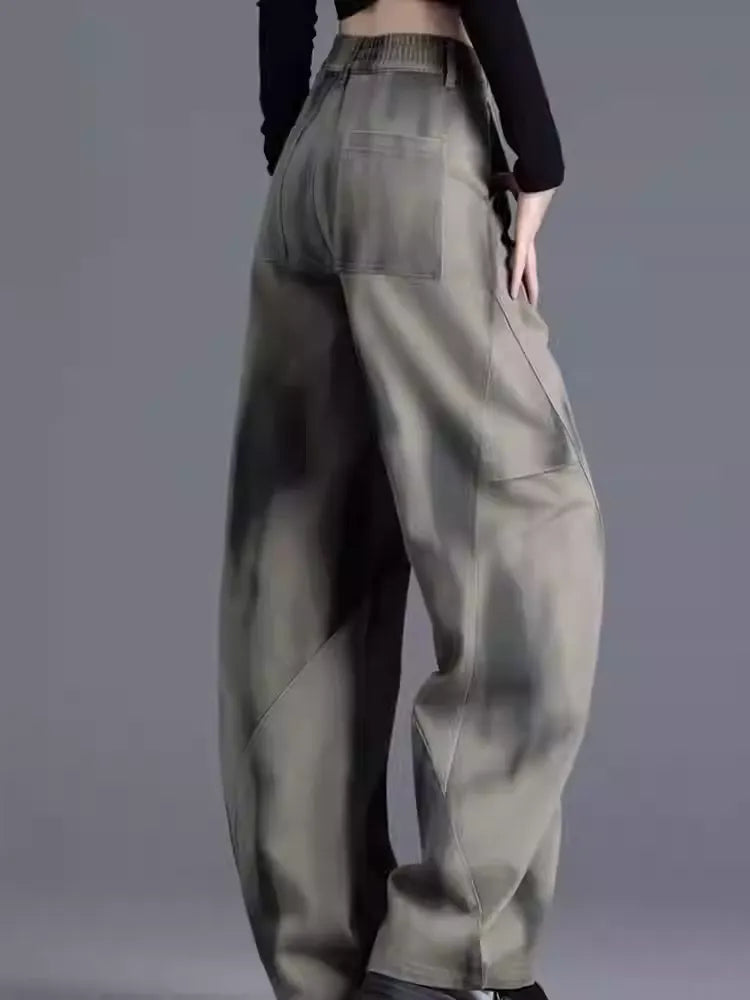 High Waist Tie Dye Curved Leg Cargo Jeans - Loose Fit