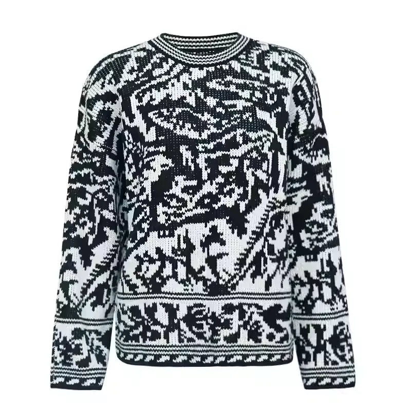Chic Two-Tone Printed Jacquard Sweater Soft Textured Casual Knit Top