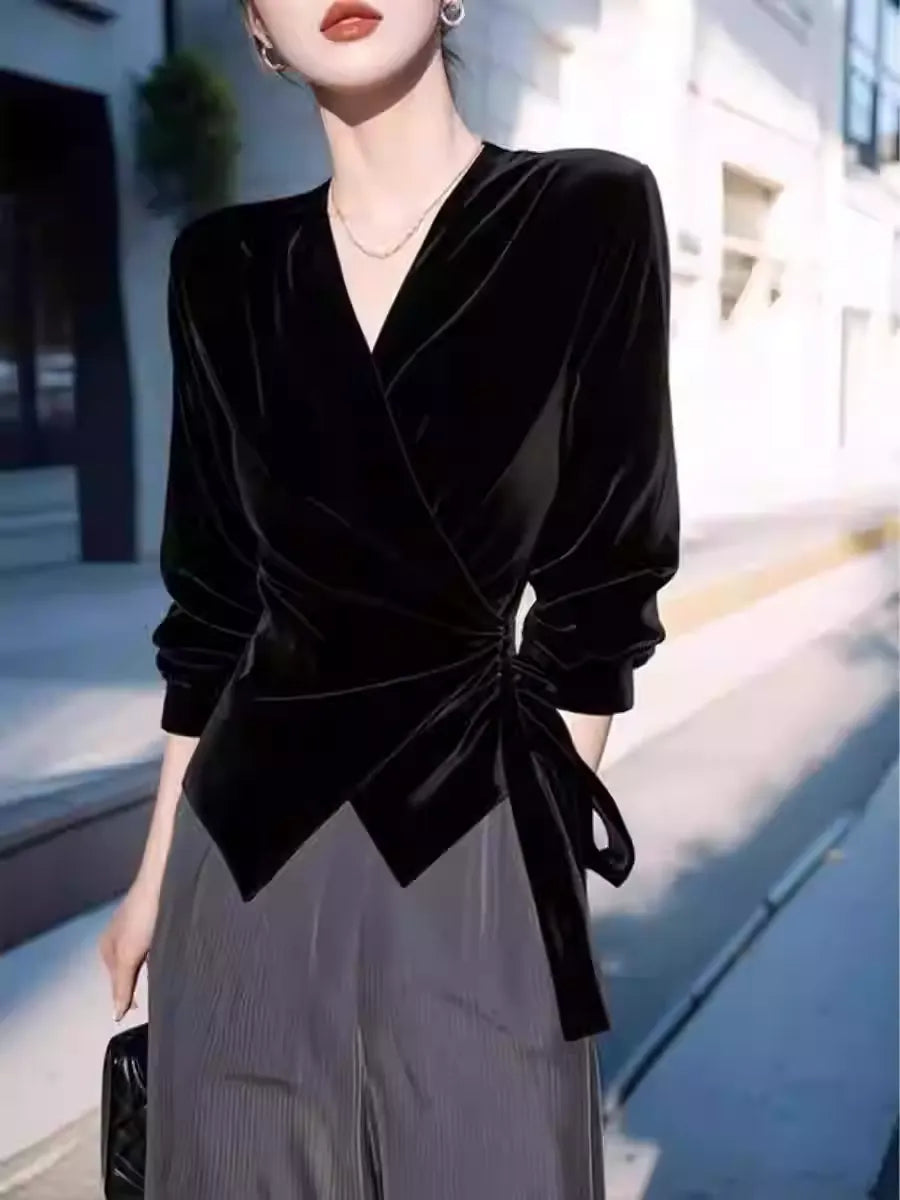 Women's Black Velvet V-Neck Long Sleeve Blouse Versatile Casual Office Top