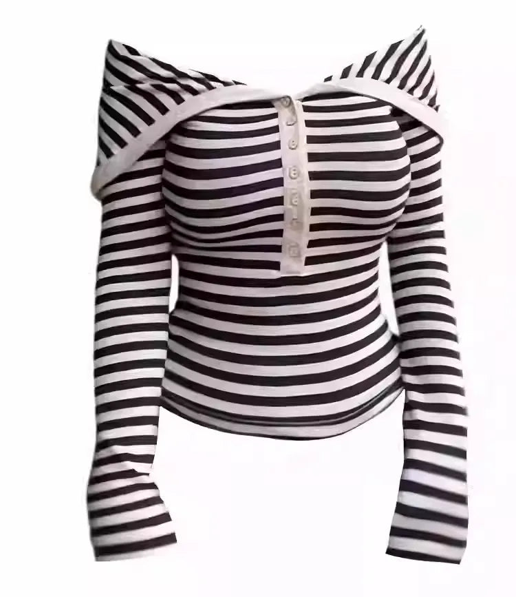 Plus Size Striped Off-the-Shoulder Long Sleeve Base Layer with Buttons