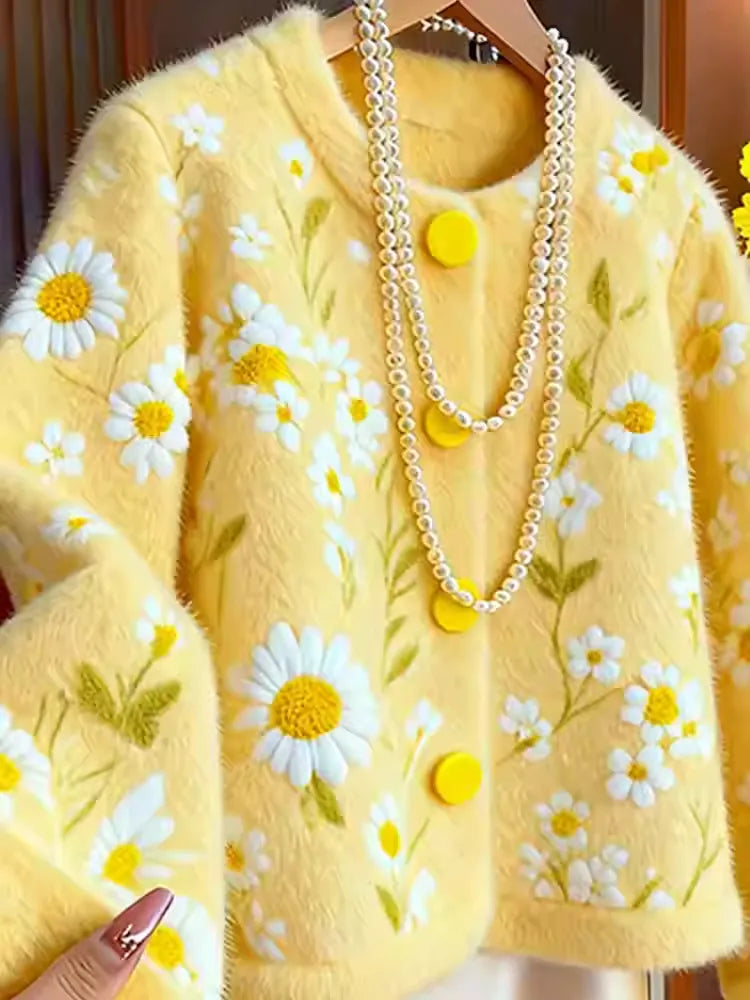 Yellow Embroidery Jacquard Knit Coat