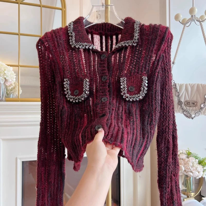 Burgundy Heavyweight Rhinestone Cutout Long Sleeve Sweater
