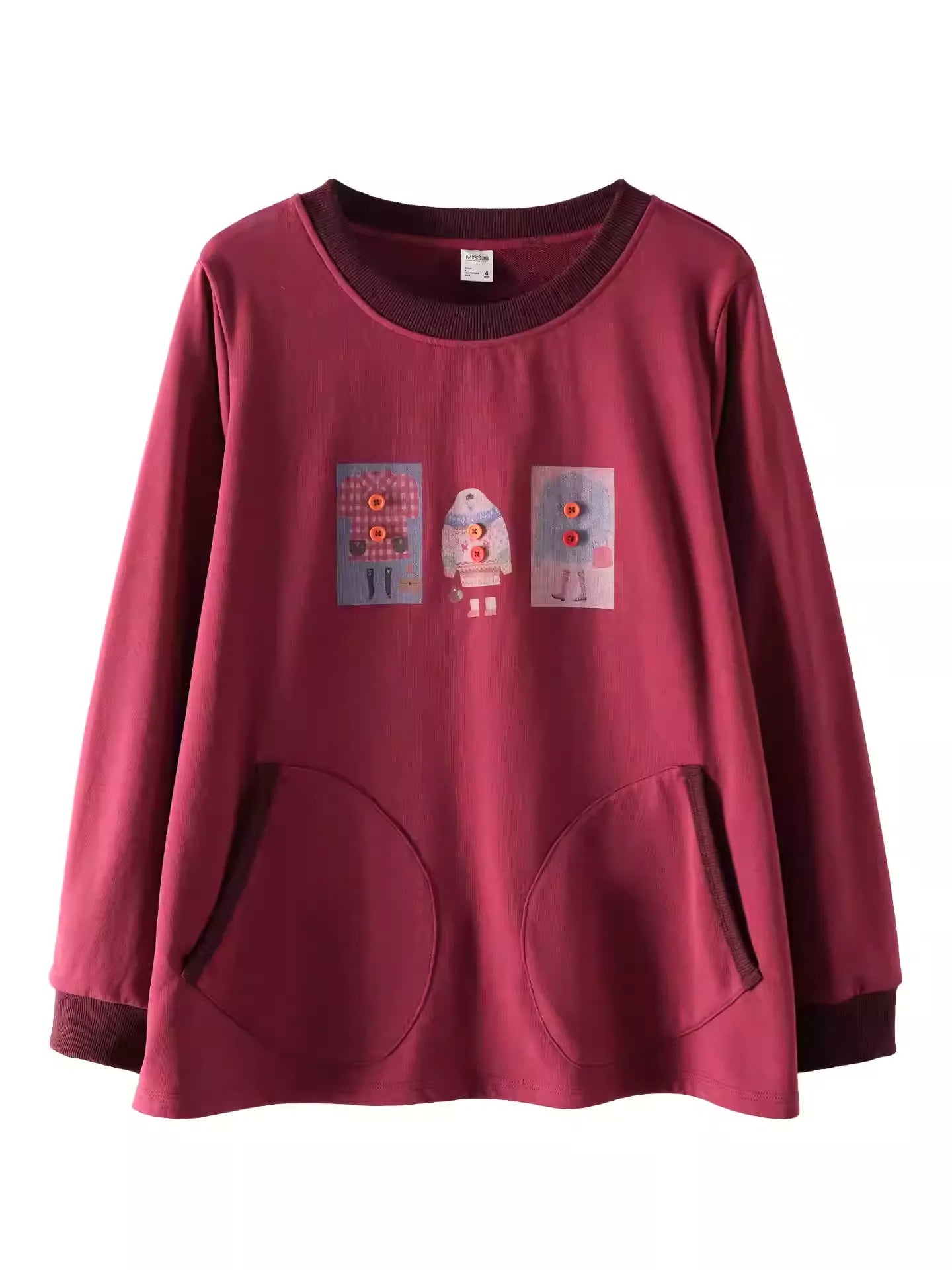 Plus Size Red Crew Neck Print Sweatshirt, 2026 Spring Pocket Top