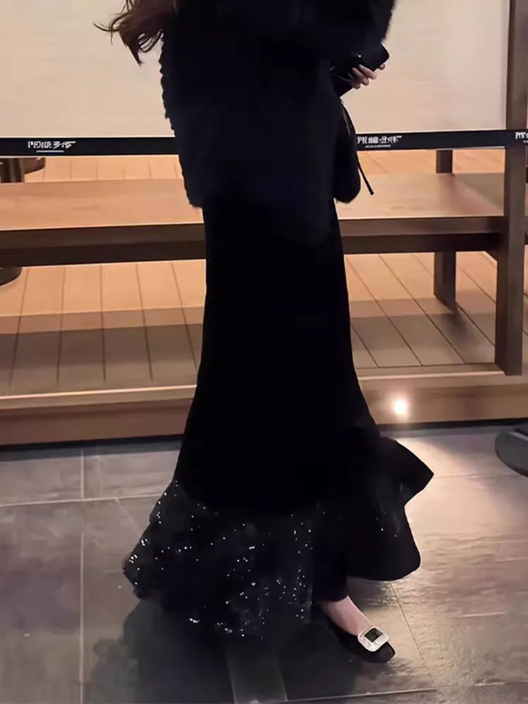 Black Velvet Sequin Mermaid Skirt