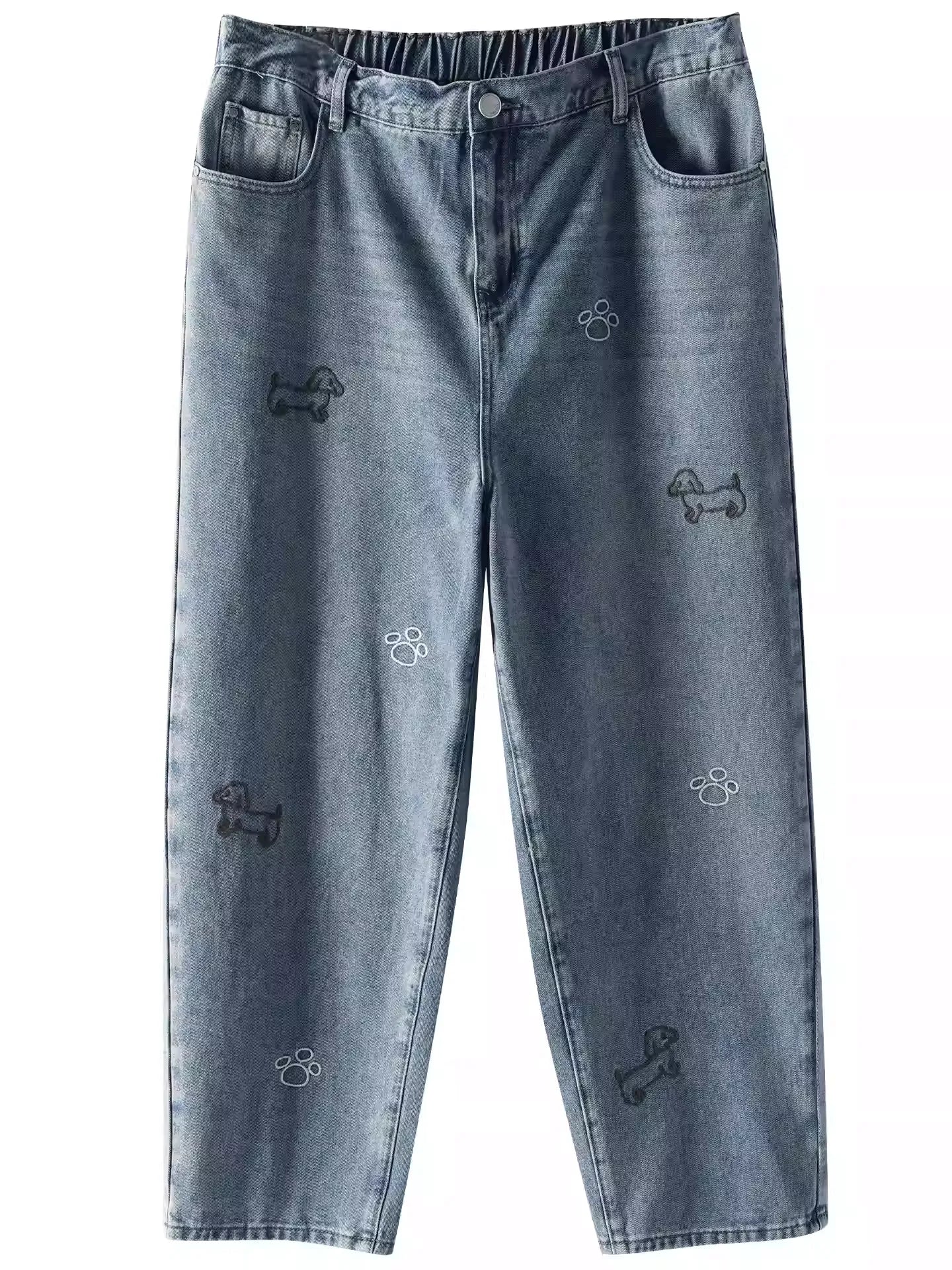 Plus Size Shaping Long Animal Embroidery Denim Wide-Leg Pants