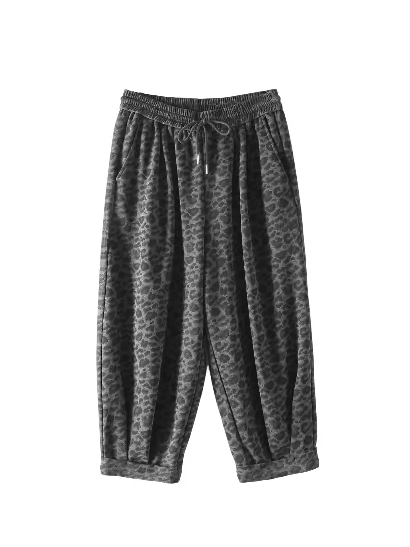 Plus Size Leopard Fleece Pants, American Elastic Waist Cuffed