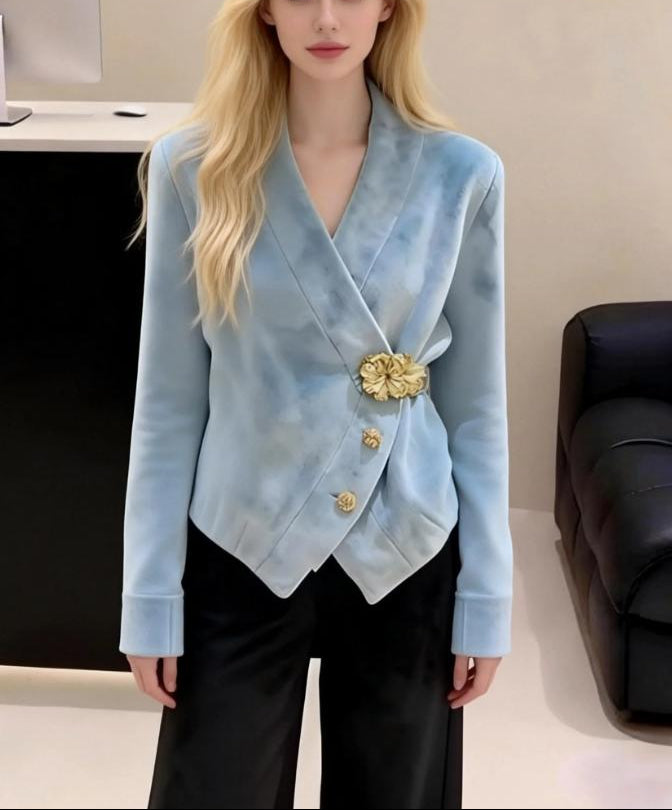 Stylish Blue V Neck Button Faux Suede Coats Spring