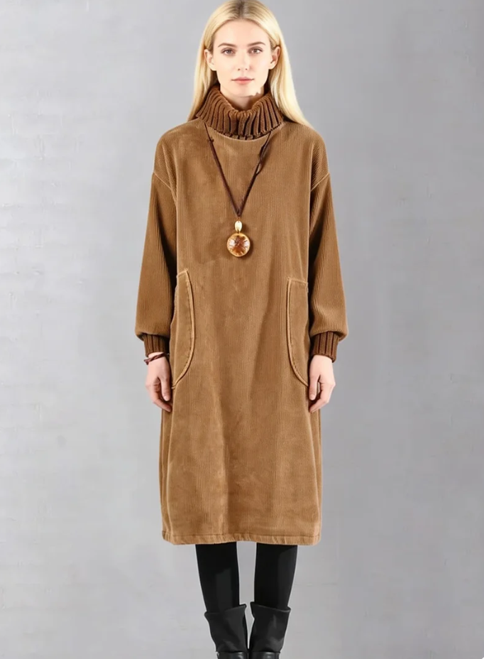 Women's Corduroy Midi Dress High Neck Big Pockets Fleece Lined Thickened