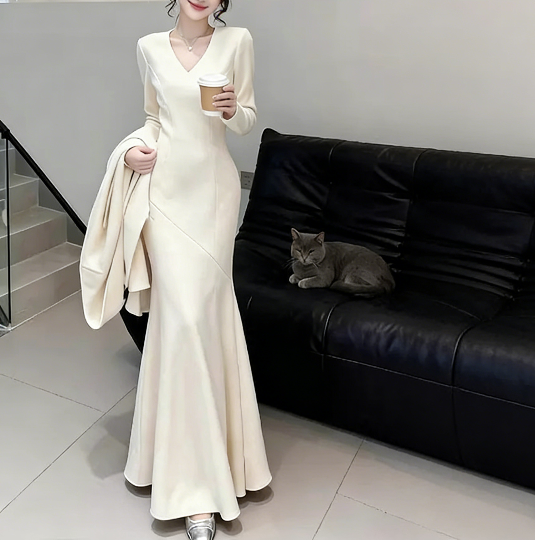 Shawl coat, elegant dress, autumn and winter set