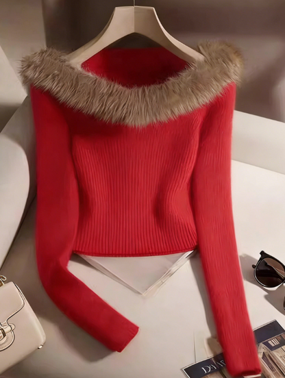 Black Fur Collar Cotton Knit Sweater - Winter Essential