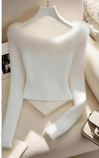 Black Fur Collar Cotton Knit Sweater - Winter Essential