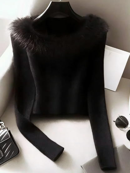 Black Fur Collar Cotton Knit Sweater - Winter Essential