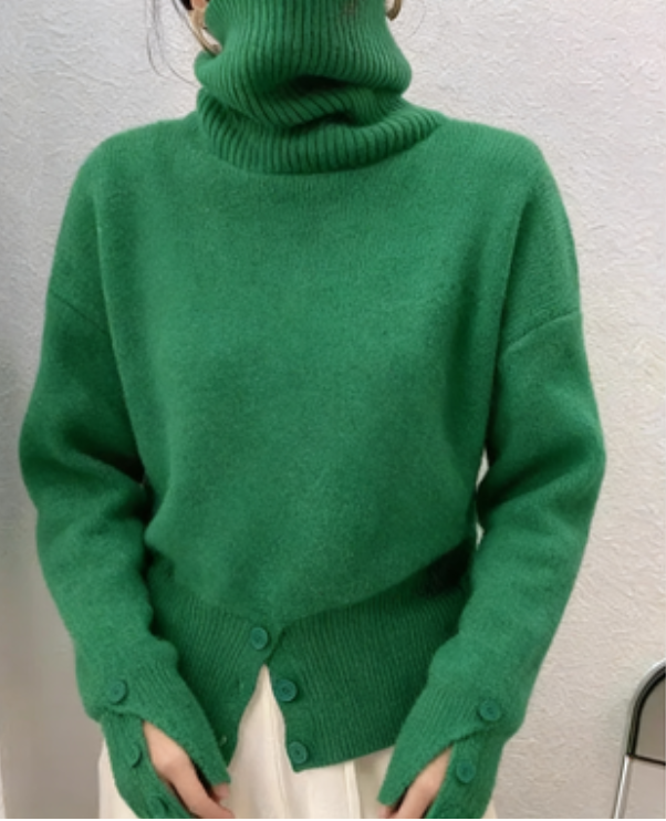 Women's Stylish Button Split Turtleneck Cashmere Sweater Pullover