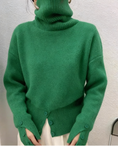 Women's Stylish Button Split Turtleneck Cashmere Sweater Pullover