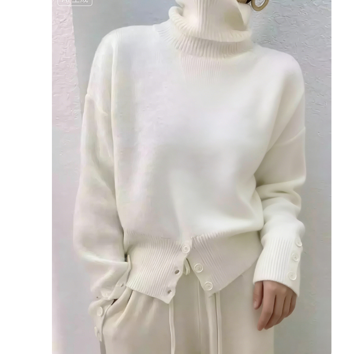 Women's Stylish Button Split Turtleneck Cashmere Sweater Pullover