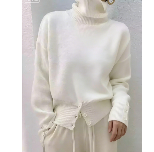Women's Stylish Button Split Turtleneck Cashmere Sweater Pullover