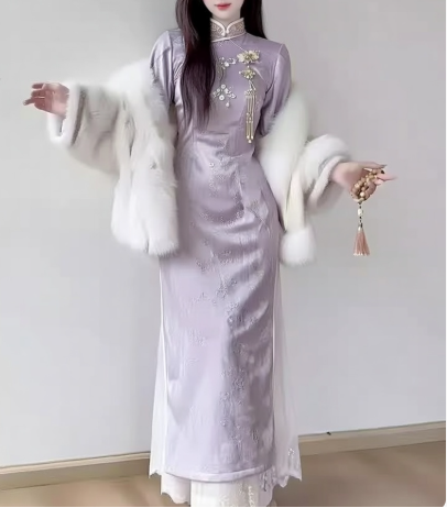 New Chinese style purple fleece-lined cheongsam