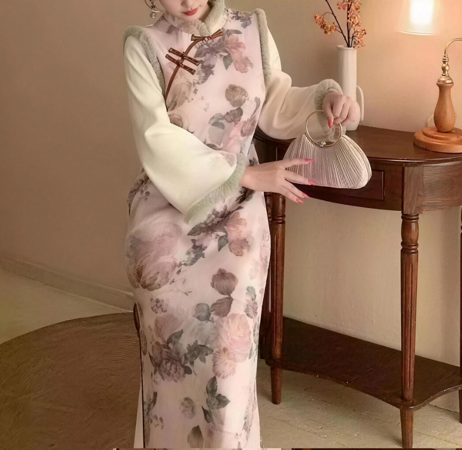 Plus Size New Chinese Style Velvet Lined Fake Two-Piece Qipao Dress