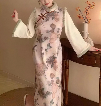 Plus Size New Chinese Style Velvet Lined Fake Two-Piece Qipao Dress