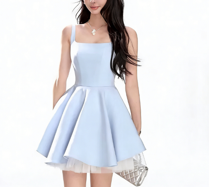 Blue Spaghetti Strap Princess Mini Dress - French Style Puff Skirt