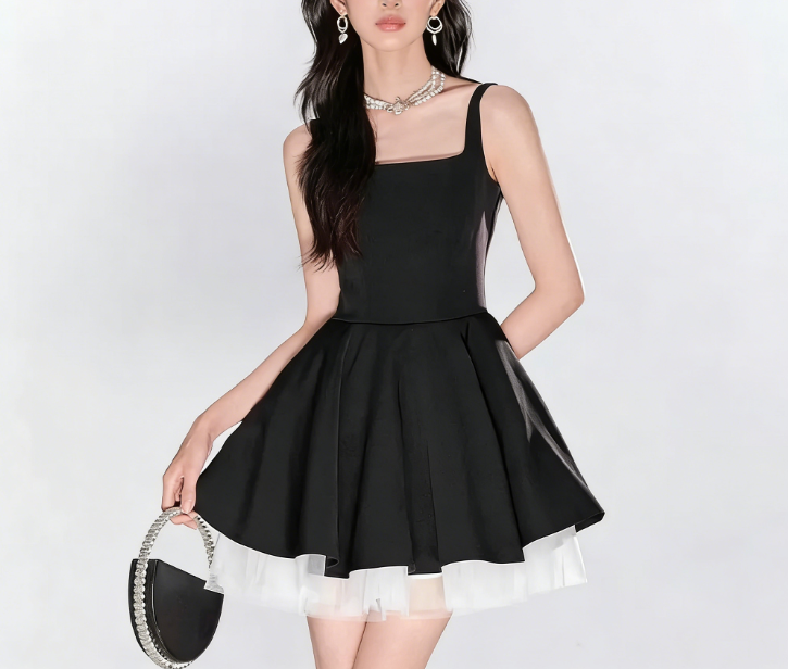 Blue Spaghetti Strap Princess Mini Dress - French Style Puff Skirt