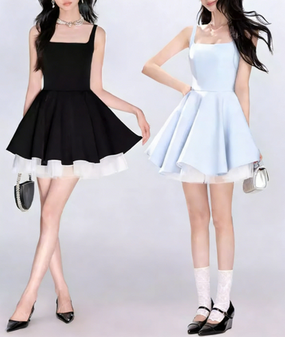 Blue Spaghetti Strap Princess Mini Dress - French Style Puff Skirt