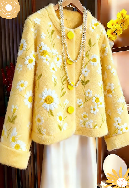 Yellow Embroidery Jacquard Knit Coat