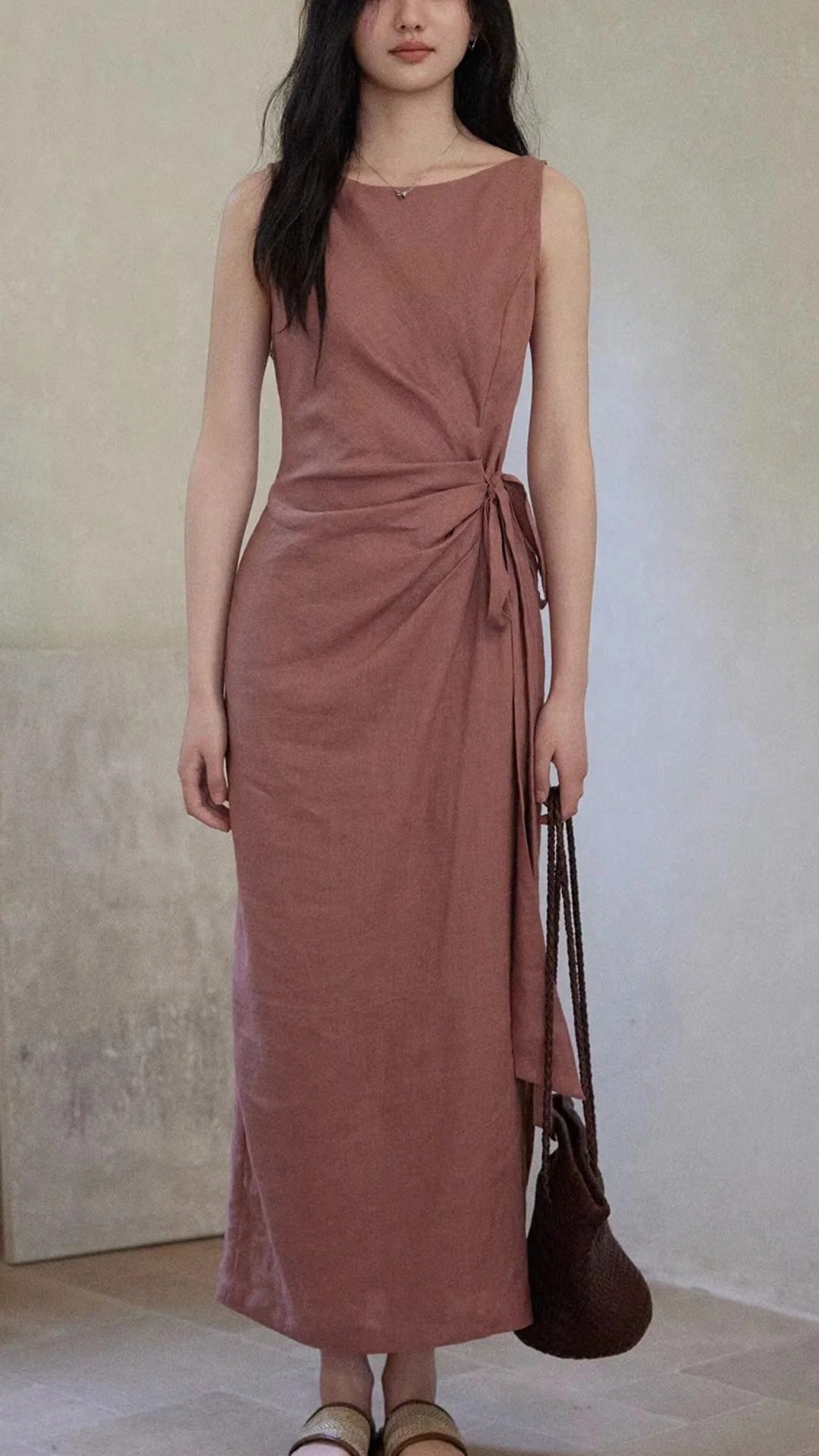 Dusty Purple Boat Neck Sleeveless Tie Waist Maxi Dresses Summer